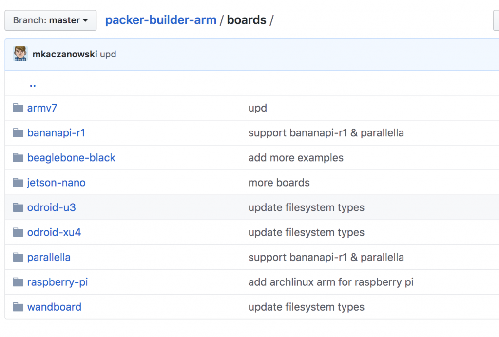 packer-builder-arm github screenshot of boards directory